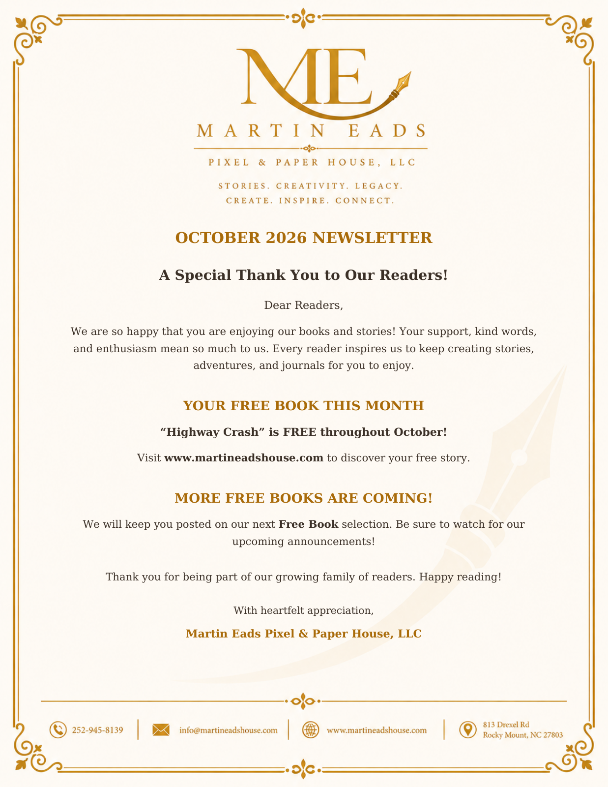 October 2026 newsletter on Martin Eads letterhead: a thank you to readers and Highway Crash free throughout October